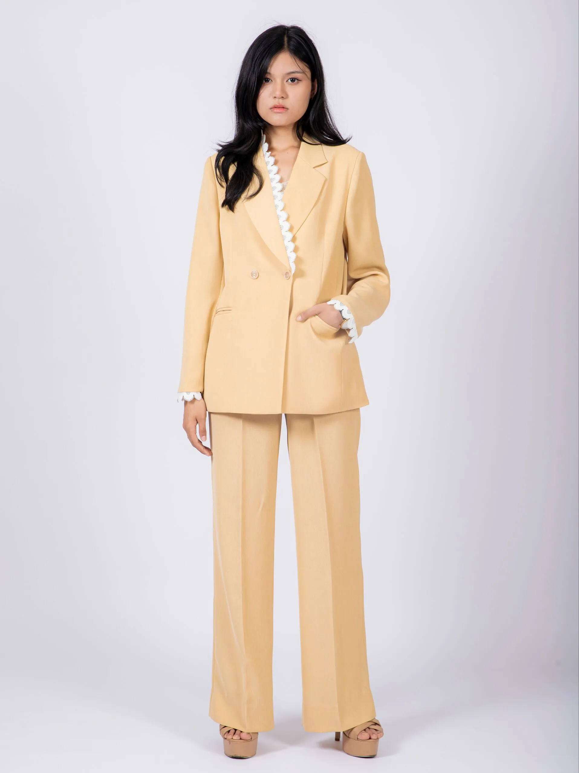 Vero Moda tailored leather look suit blazer in cream | ASOS